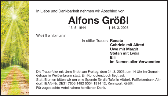 Traueranzeige von Alfons Größl von Der Bote