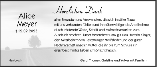 Traueranzeige von Alice Meyer von Hersbrucker Zeitung Lokal