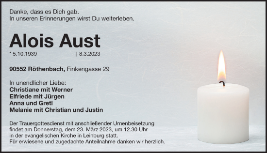 Traueranzeige von Alois Aust von Pegnitz-Zeitung