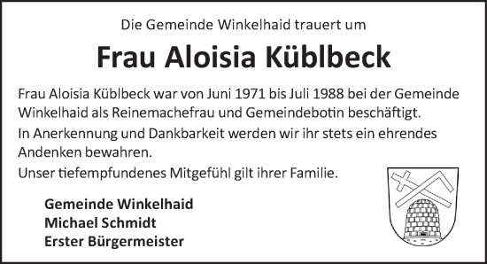 Traueranzeige von Aloisia Küblbeck von Der Bote