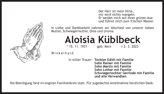 Traueranzeige von Aloisia Küblbeck von Der Bote