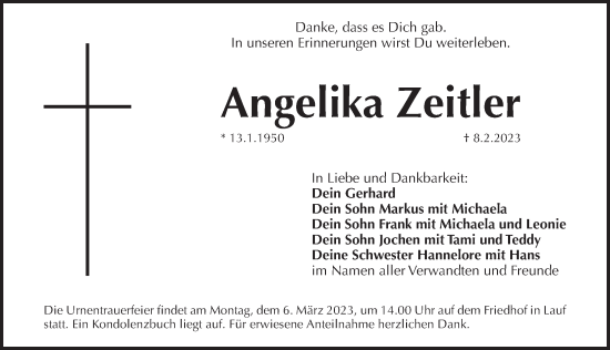 Traueranzeige von Angelika Zeitler von Pegnitz-Zeitung
