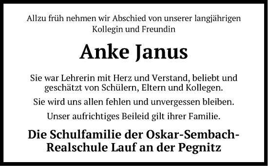 Traueranzeige von Anke Janus von Pegnitz-Zeitung