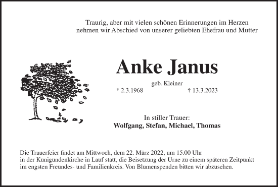 Traueranzeige von Anke Janus von Pegnitz-Zeitung