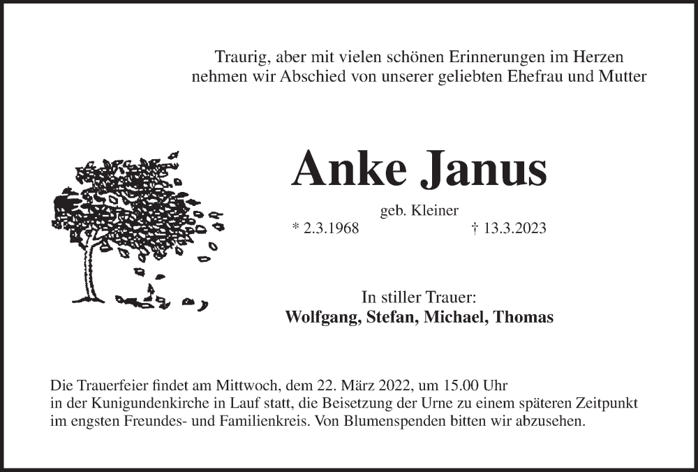  Traueranzeige für Anke Janus vom 18.03.2023 aus Pegnitz-Zeitung
