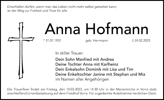Traueranzeige von Anna Hofmann von Hersbrucker Zeitung Lokal