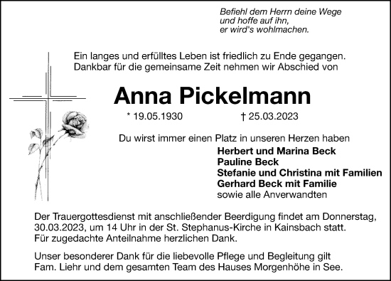 Traueranzeige von Anna Pickelmann von Hersbrucker Zeitung Lokal