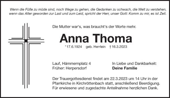 Traueranzeige von Anna Thoma von Pegnitz-Zeitung