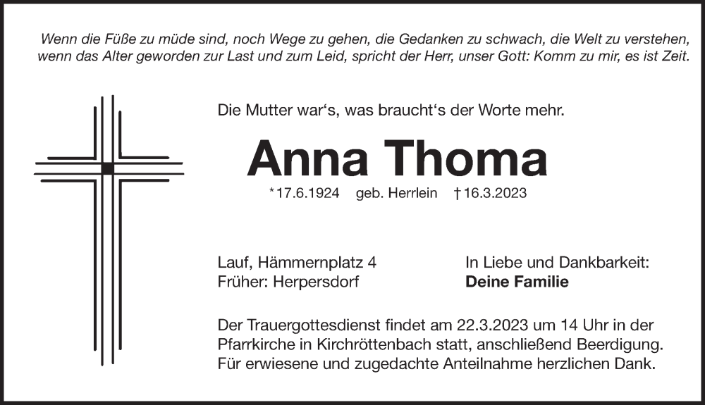  Traueranzeige für Anna Thoma vom 18.03.2023 aus Pegnitz-Zeitung