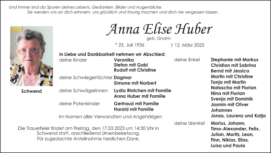 Traueranzeige von Anna Elise Huber von Hersbrucker Zeitung Lokal