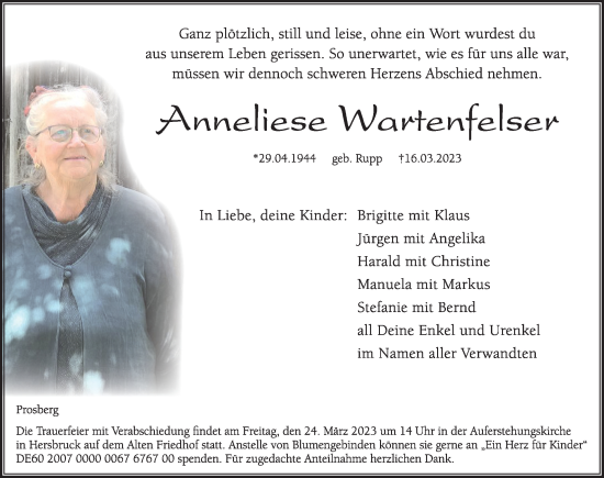 Traueranzeige von Anneliese Wartenfelser von Hersbrucker Zeitung Lokal