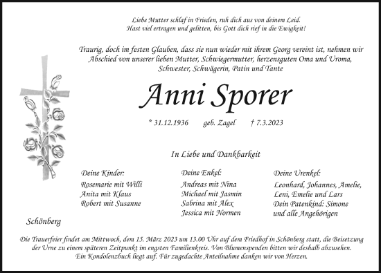 Traueranzeige von Anni Sporer von Pegnitz-Zeitung