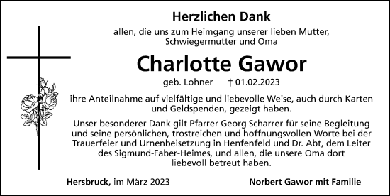 Traueranzeige von Charlotte Gawor von Hersbrucker Zeitung Lokal