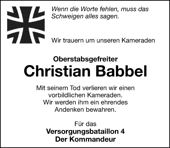Traueranzeige von Christian Babbel von Hersbrucker Zeitung Lokal