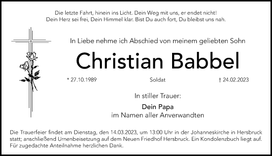 Traueranzeige von Christian Babbel von Hersbrucker Zeitung Lokal