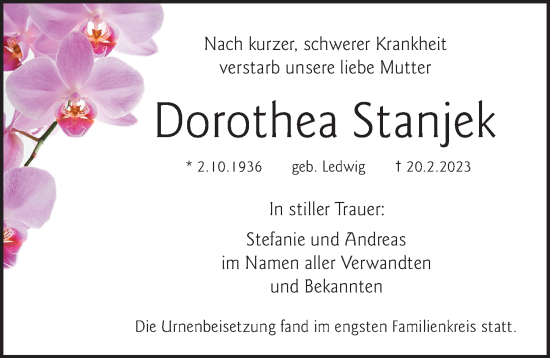 Traueranzeige von Dorothea Stanjek von Pegnitz-Zeitung