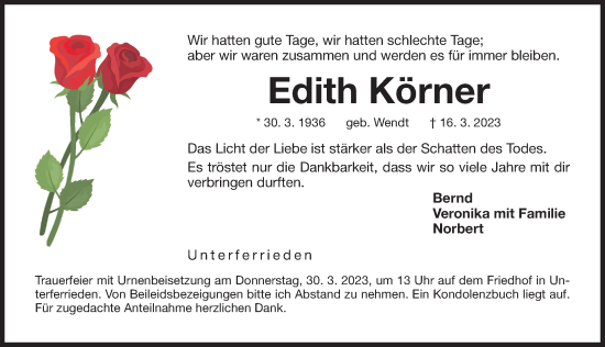 Traueranzeige von Edith Körner von Der Bote