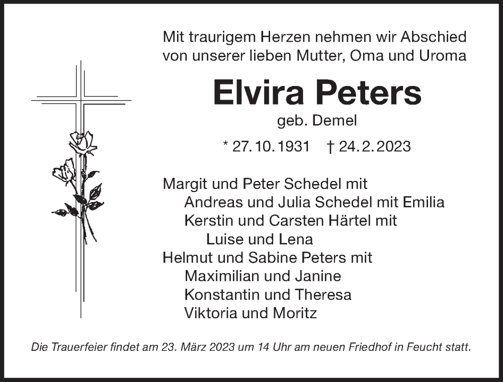  Traueranzeige für Elvira Peters vom 18.03.2023 aus Der Bote