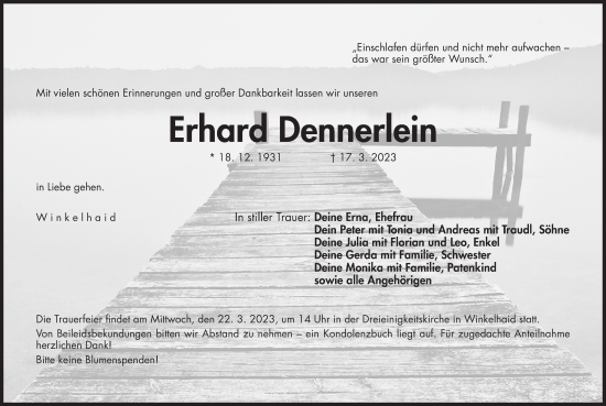 Traueranzeige von Erhard Dennerlein von Der Bote