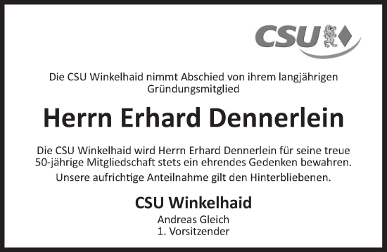 Traueranzeige von Erhard Dennerlein von Der Bote