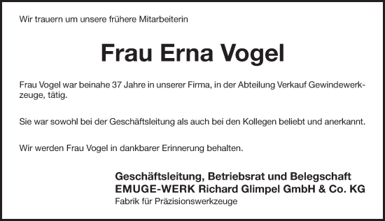 Traueranzeige von Erna Vogel von Pegnitz-Zeitung