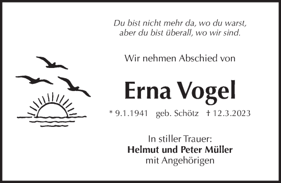 Traueranzeige von Erna Vogel von Pegnitz-Zeitung