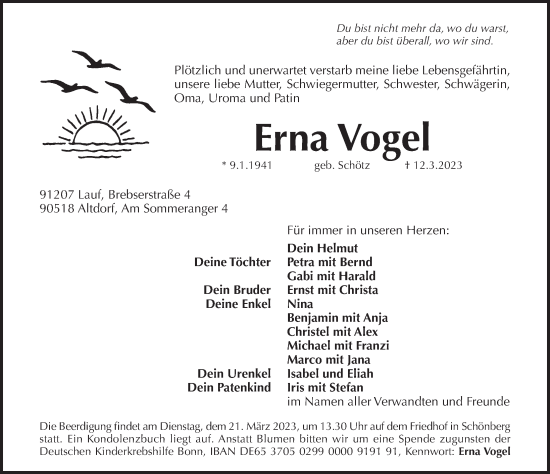 Traueranzeige von Erna Vogel von Der Bote