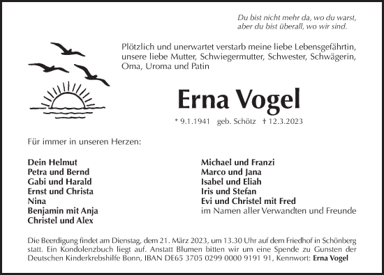 Traueranzeige von Erna Vogel von Pegnitz-Zeitung