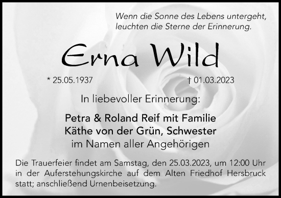 Traueranzeige von Erna Wild von Hersbrucker Zeitung Lokal