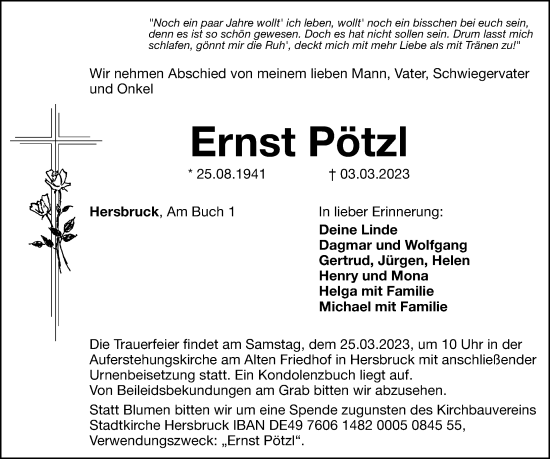 Traueranzeige von Ernst Pötzl von Hersbrucker Zeitung Lokal