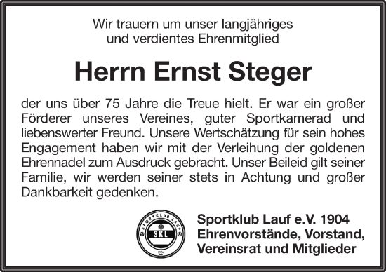 Traueranzeige von Ernst Steger von Pegnitz-Zeitung