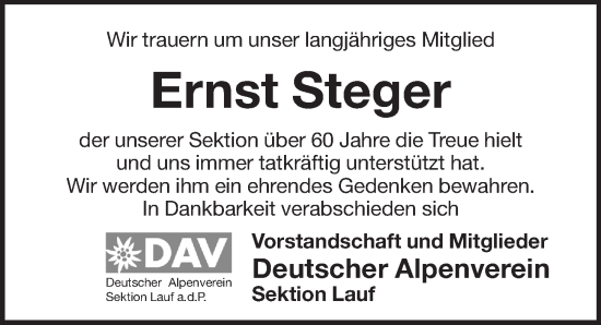 Traueranzeige von Ernst Steger von Pegnitz-Zeitung