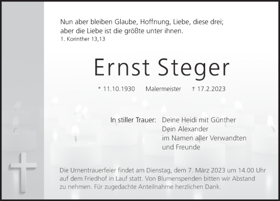 Traueranzeige von Ernst Steger von Pegnitz-Zeitung