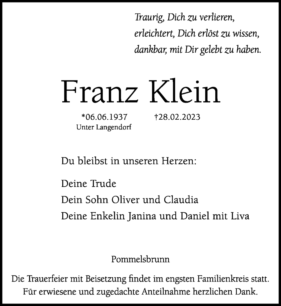  Traueranzeige für Franz Klein vom 04.03.2023 aus Hersbrucker Zeitung Lokal