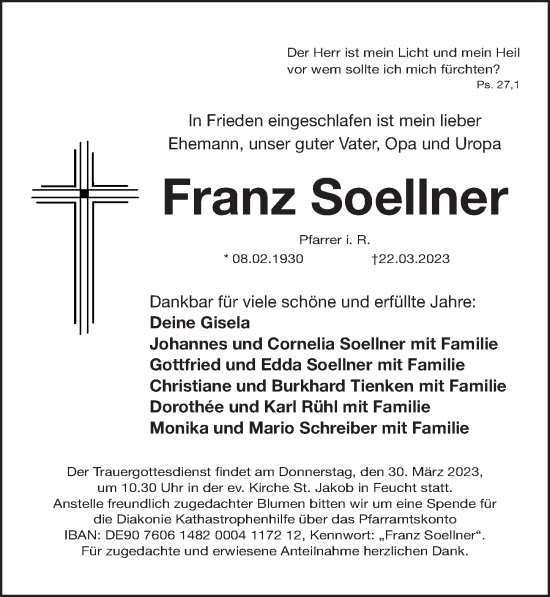 Traueranzeige von Franz Soellner von Der Bote