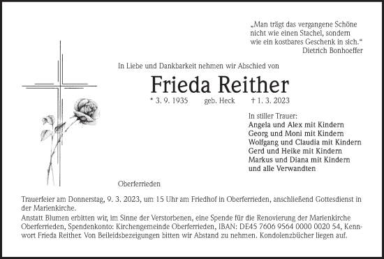 Traueranzeige von Frieda Reither von Der Bote