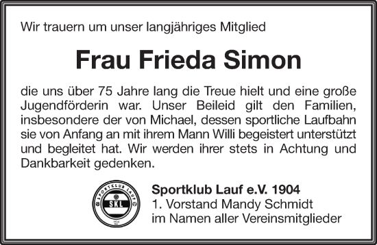 Traueranzeige von Frieda Simon von Pegnitz-Zeitung