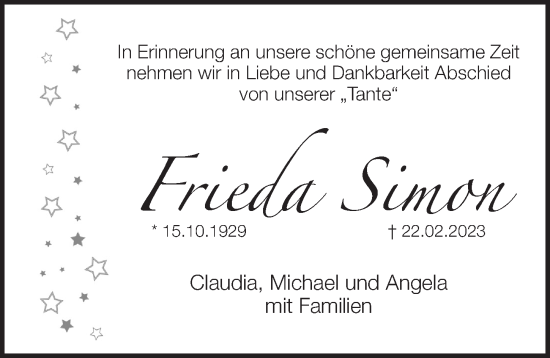 Traueranzeige von Frieda Simon von Pegnitz-Zeitung