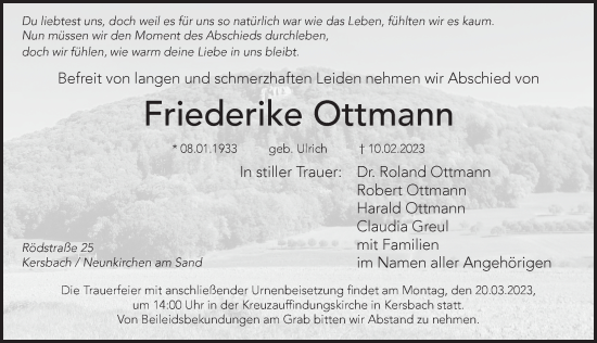 Traueranzeige von Friederike Ottmann von Pegnitz-Zeitung