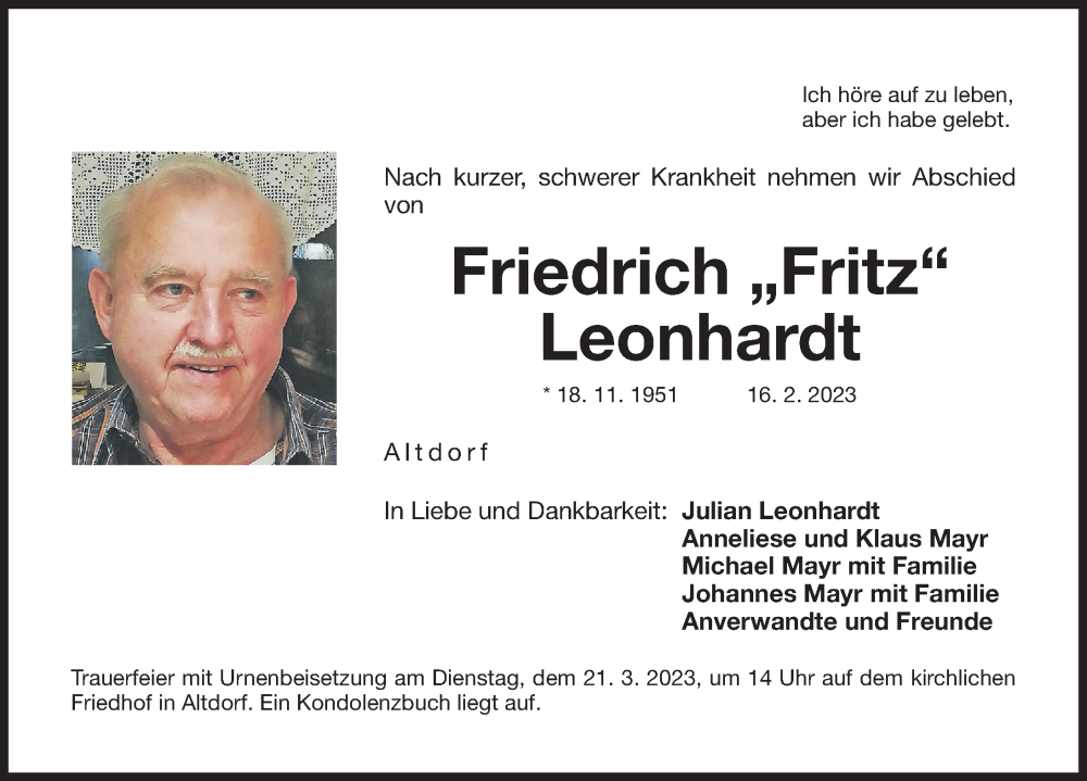  Traueranzeige für Friedrich Leonhardt vom 18.03.2023 aus Der Bote