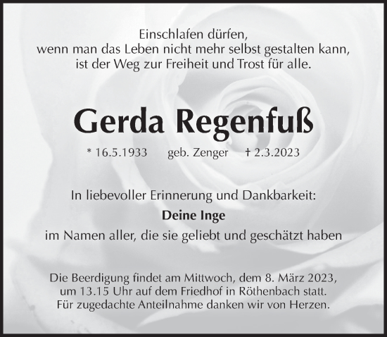 Traueranzeige von Gerda Regenfuß von Pegnitz-Zeitung