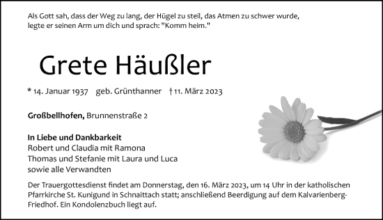 Traueranzeige von Grete Häußler von Hersbrucker Zeitung Lokal