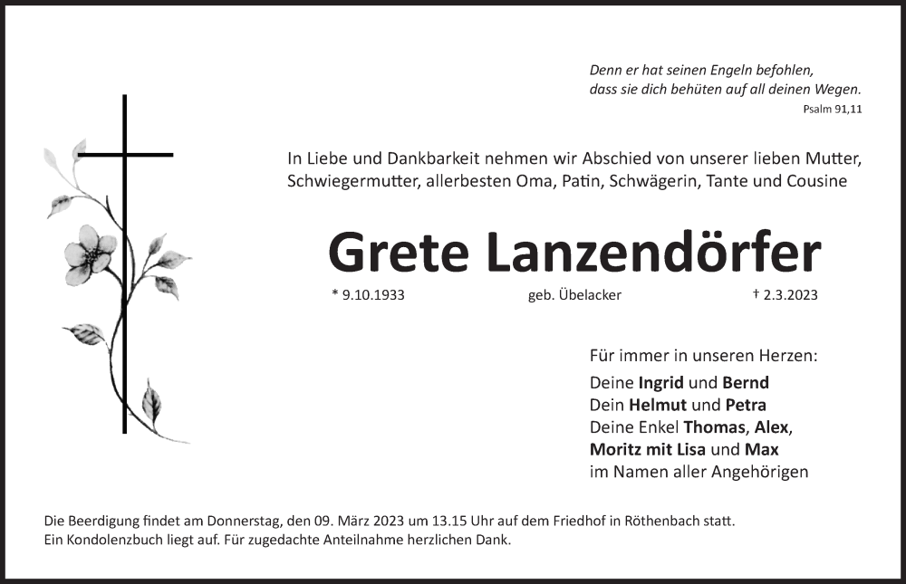  Traueranzeige für Grete Lanzendörfer vom 04.03.2023 aus Pegnitz-Zeitung