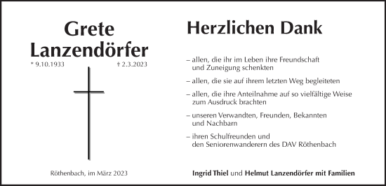 Traueranzeige von Grete Lanzendörfer von Pegnitz-Zeitung