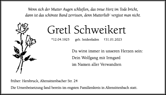 Traueranzeige von Gretl Schweikert von Hersbrucker Zeitung Lokal