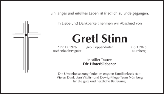 Traueranzeige von Gretl Stinn von Pegnitz-Zeitung