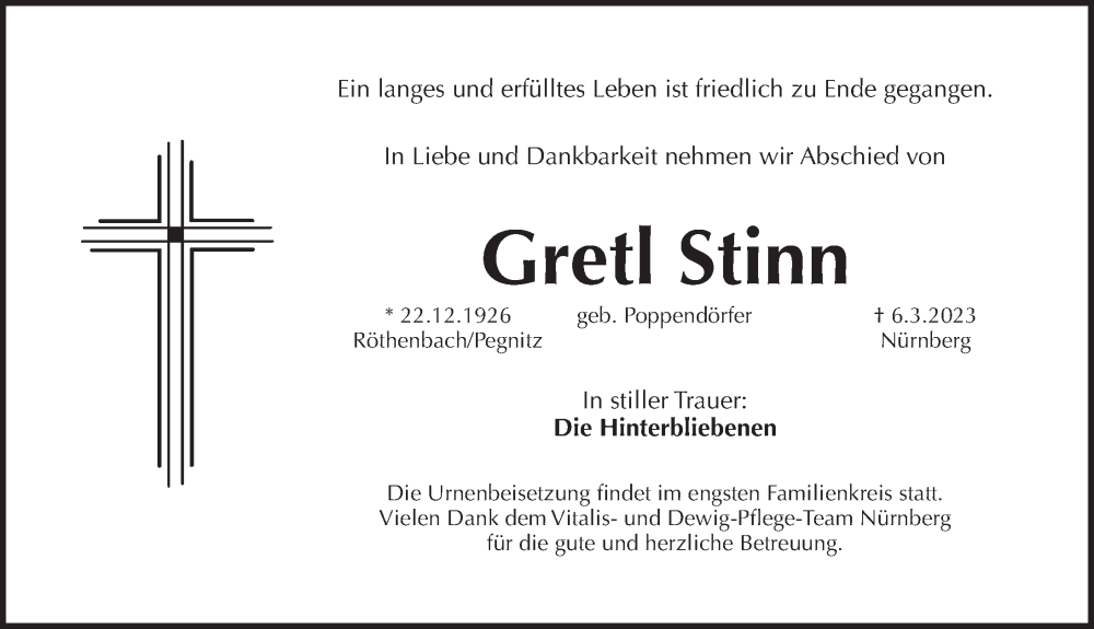  Traueranzeige für Gretl Stinn vom 11.03.2023 aus Pegnitz-Zeitung