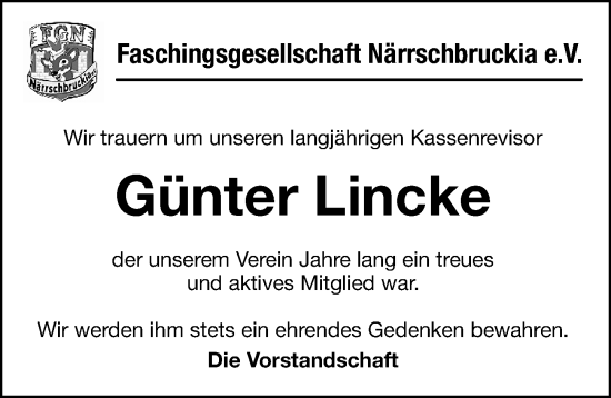 Traueranzeige von Günter Lincke von Hersbrucker Zeitung Lokal