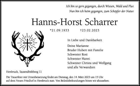 Traueranzeige von Hanns-Horst Scharrer von Hersbrucker Zeitung Lokal