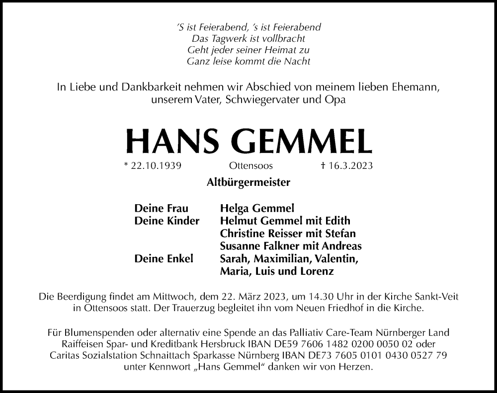  Traueranzeige für Hans Gemmel vom 18.03.2023 aus Hersbrucker Zeitung Lokal